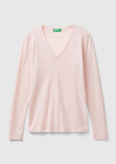  Kadın Toz Pembe Basic V Yaka Uzun Kollu T-Shirt