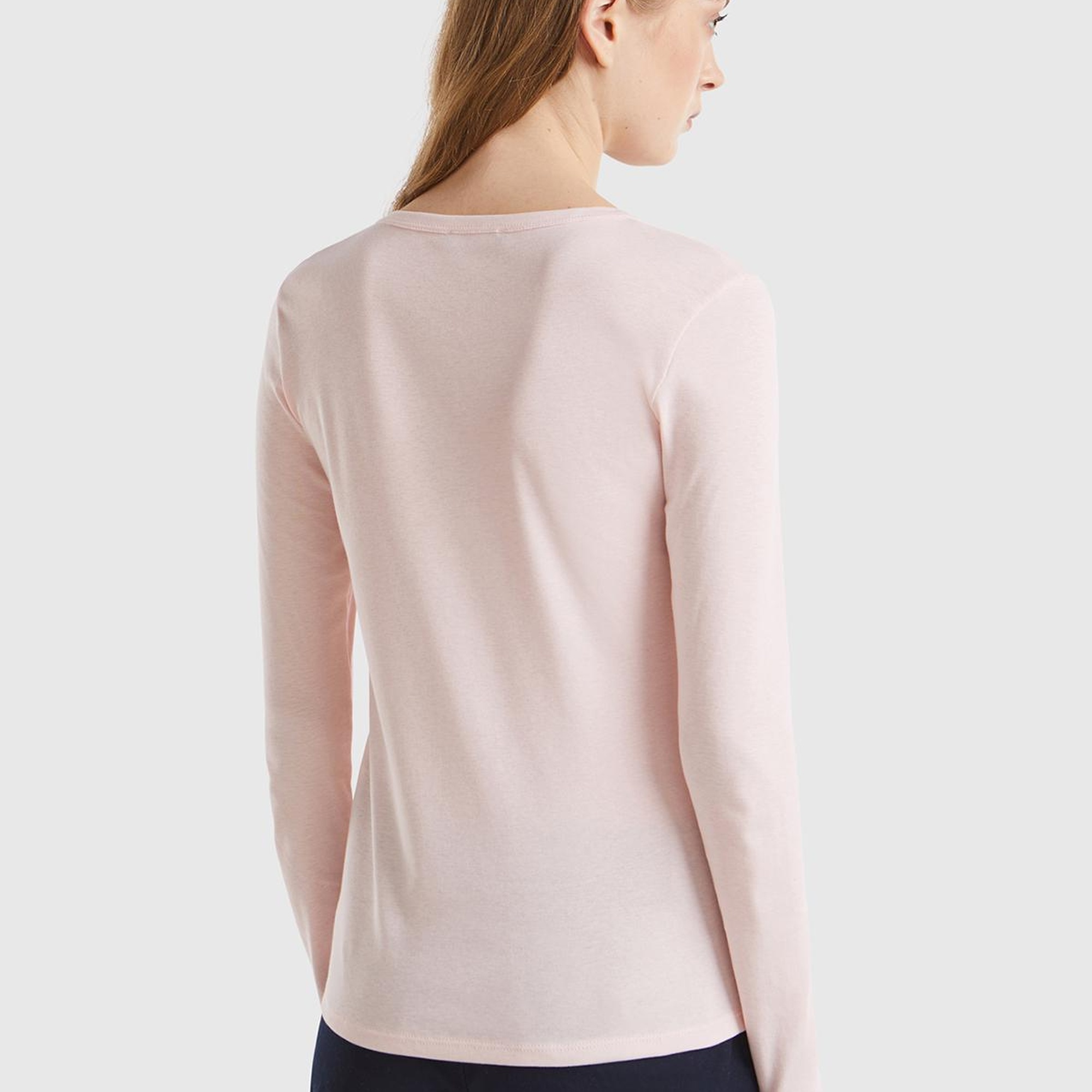 Kadın Toz Pembe %100 Koton Bisiklet Yaka Benetton Yazılı Uzun Kollu T-Shirt