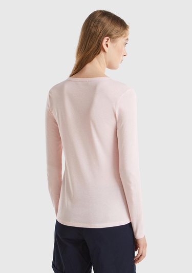  Kadın Toz Pembe %100 Koton Bisiklet Yaka Benetton Yazılı Uzun Kollu T-Shirt