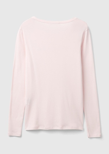  Kadın Toz Pembe %100 Koton Bisiklet Yaka Benetton Yazılı Uzun Kollu T-Shirt