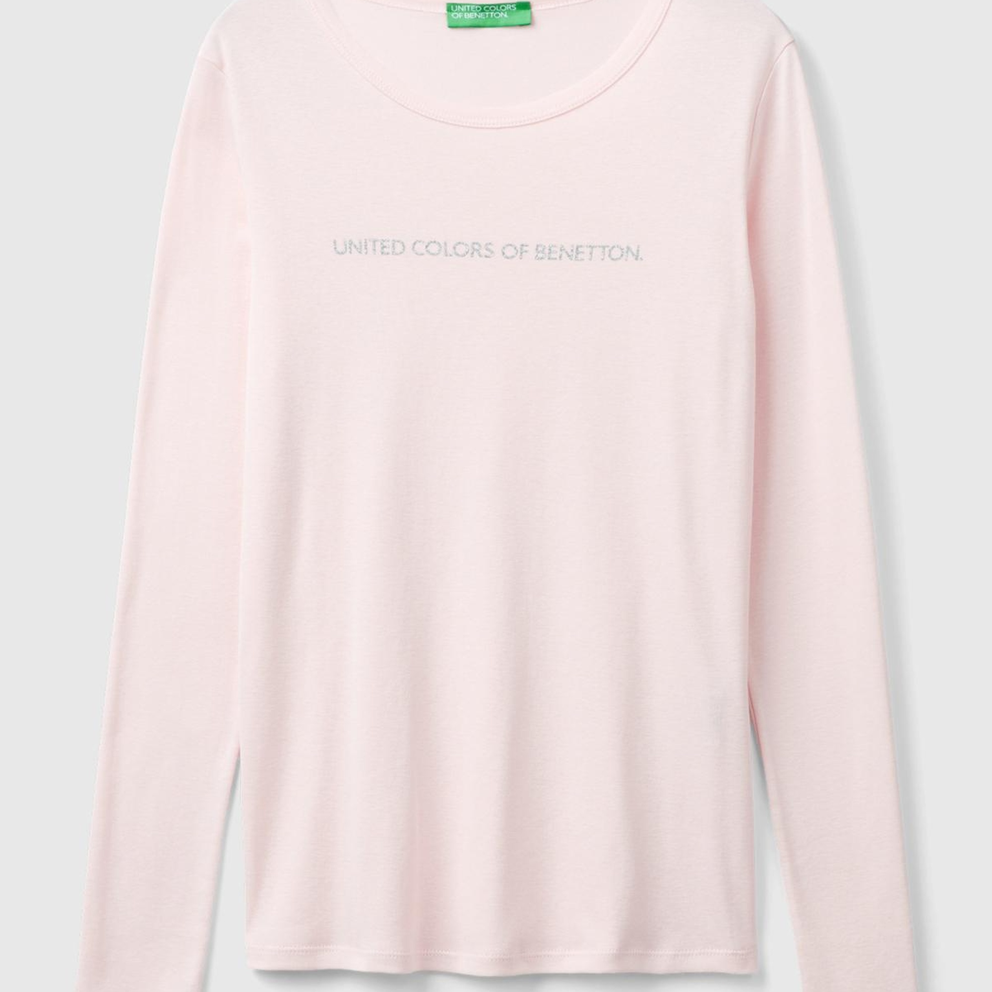 Kadın Toz Pembe %100 Koton Bisiklet Yaka Benetton Yazılı Uzun Kollu T-Shirt