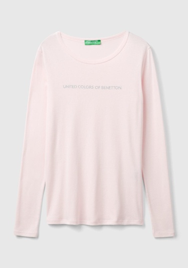  Kadın Toz Pembe %100 Koton Bisiklet Yaka Benetton Yazılı Uzun Kollu T-Shirt