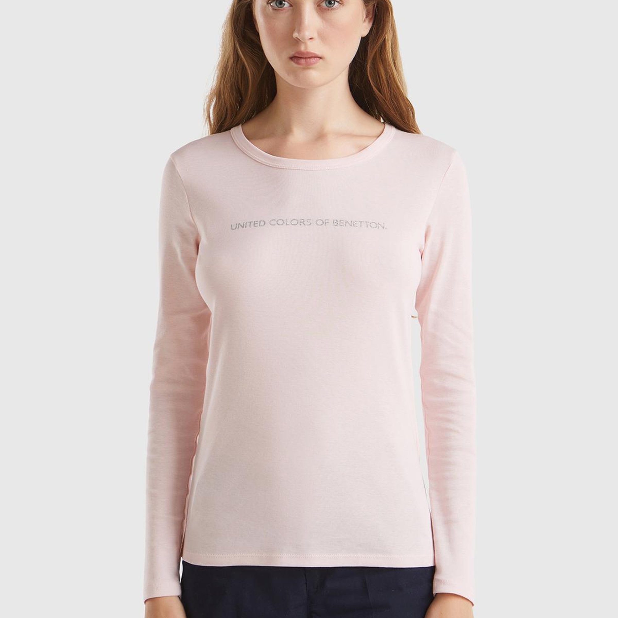 Kadın Toz Pembe %100 Koton Bisiklet Yaka Benetton Yazılı Uzun Kollu T-Shirt