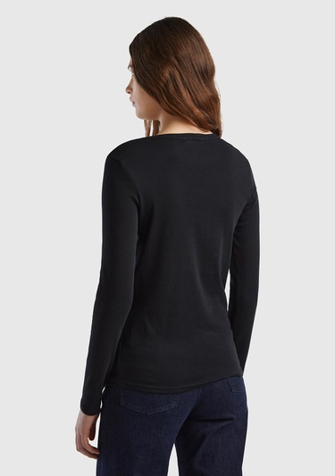  Kadın Siyah Basic Bisiklet Yaka Uzun Kollu T-Shirt