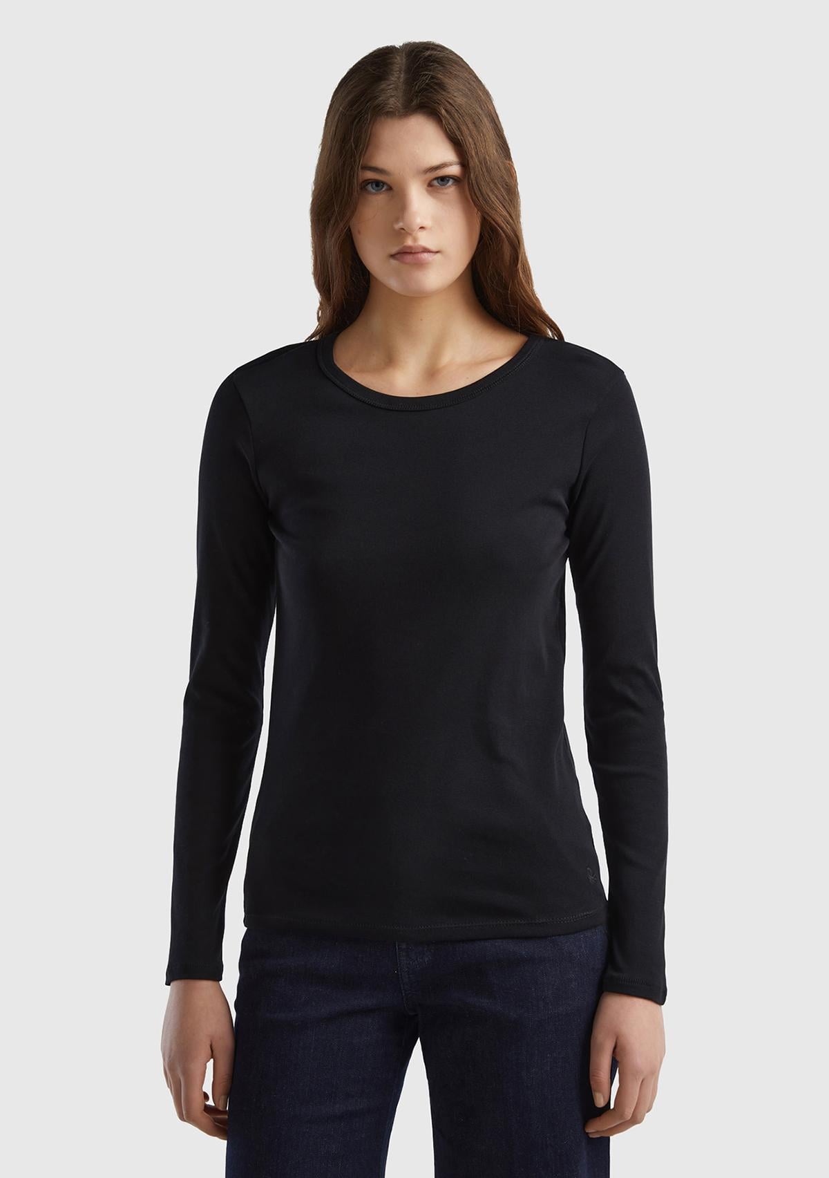  Kadın Siyah Basic Bisiklet Yaka Uzun Kollu T-Shirt