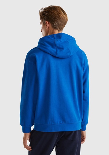  Erkek Saks Mavi %100 Pamuk Dar Kesim Fermuarlı Kapüşonlu Sweatshirt