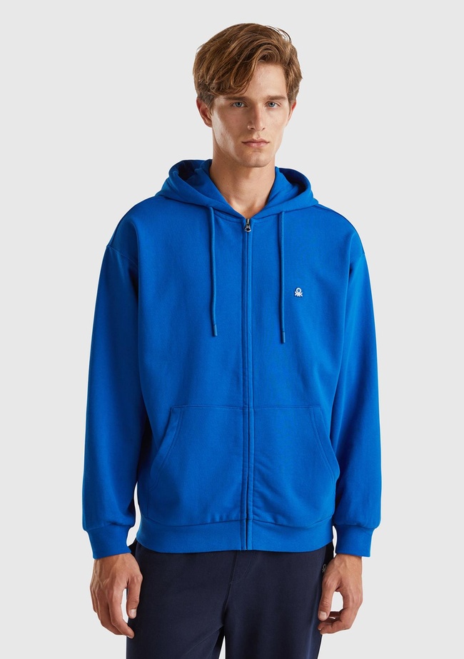  Erkek Saks Mavi %100 Pamuk Dar Kesim Fermuarlı Kapüşonlu Sweatshirt