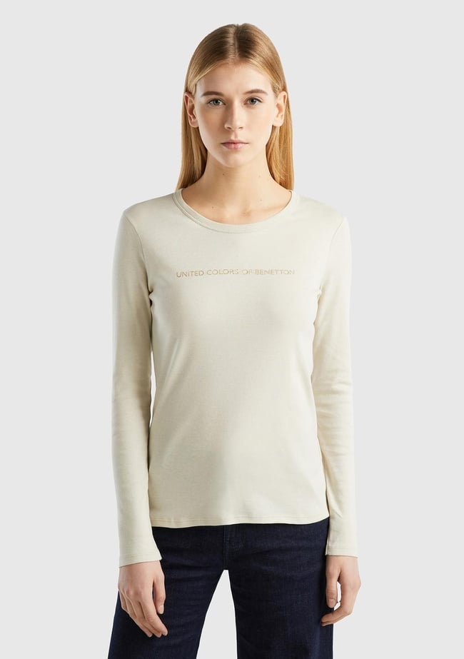  Kadın Bej %100 Koton Bisiklet Yaka Benetton Yazılı Uzun Kollu T-Shirt