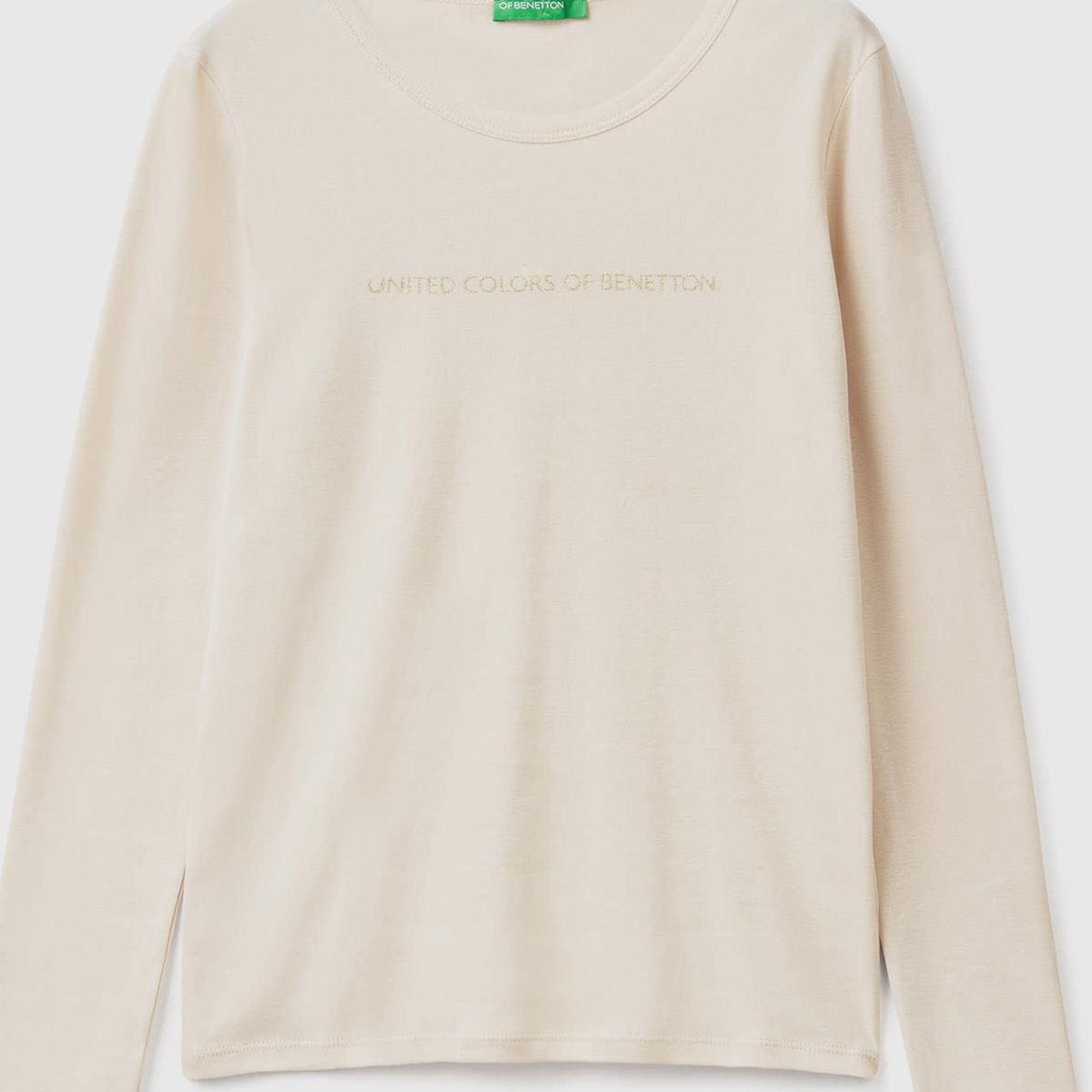 Kadın Bej %100 Koton Bisiklet Yaka Benetton Yazılı Uzun Kollu T-Shirt