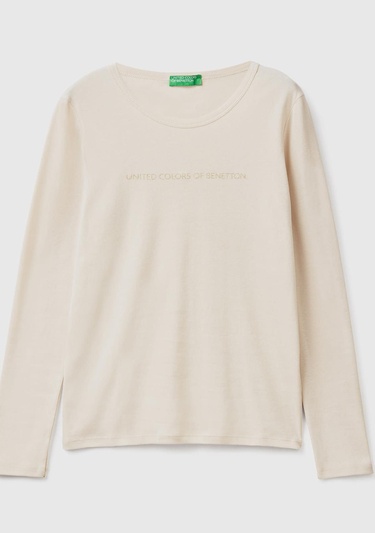  Kadın Bej %100 Koton Bisiklet Yaka Benetton Yazılı Uzun Kollu T-Shirt