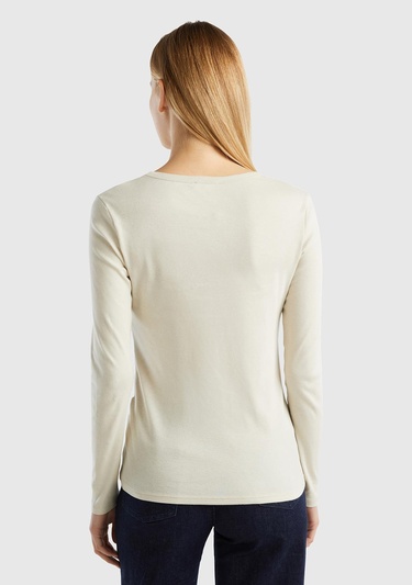  Kadın Bej %100 Koton Bisiklet Yaka Benetton Yazılı Uzun Kollu T-Shirt
