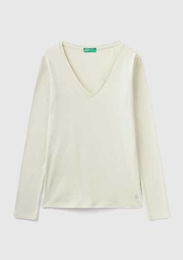  Kadın Bej Basic V Yaka Uzun Kollu T-Shirt