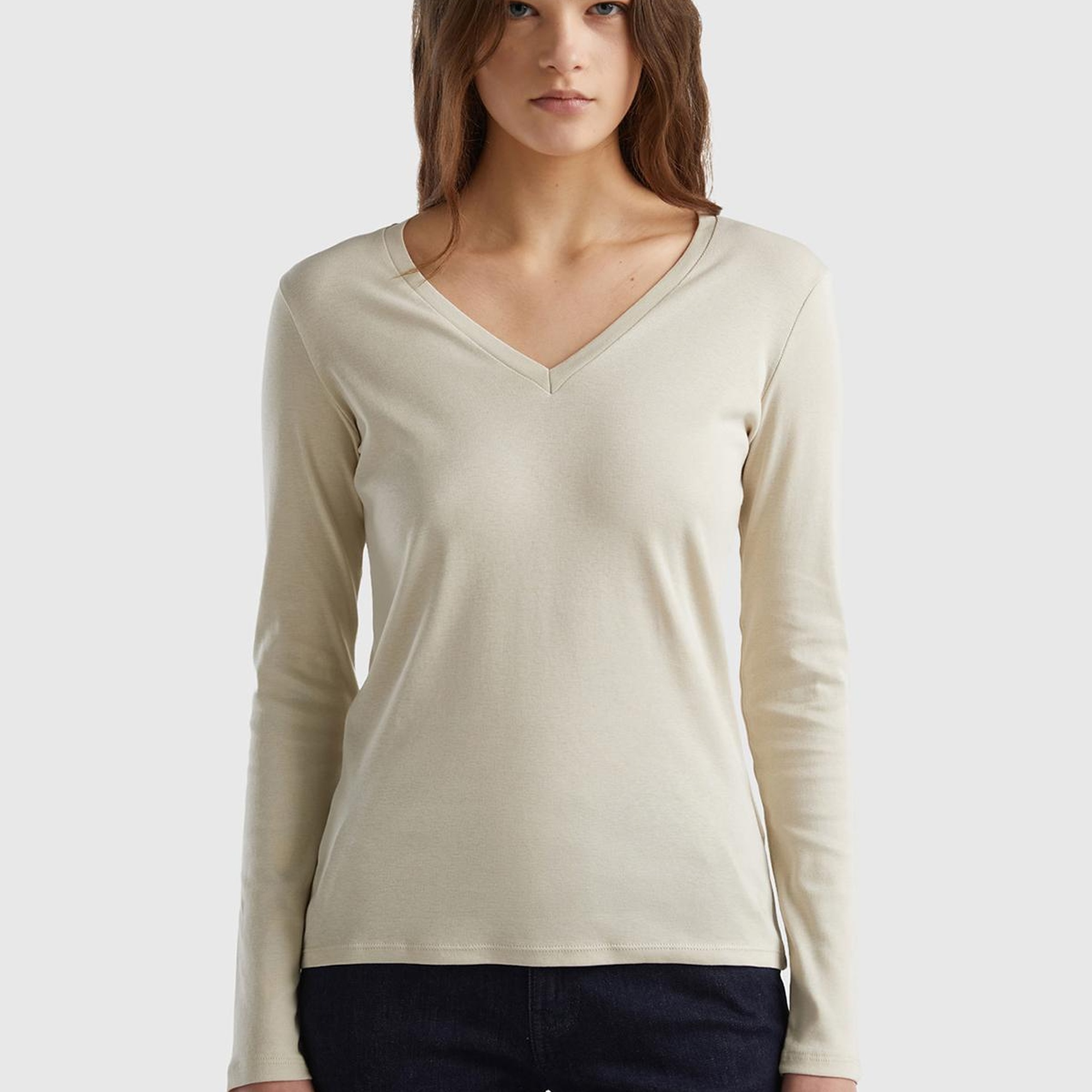 Kadın Bej Basic V Yaka Uzun Kollu T-Shirt