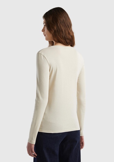  Kadın Bej Basic V Yaka Uzun Kollu T-Shirt