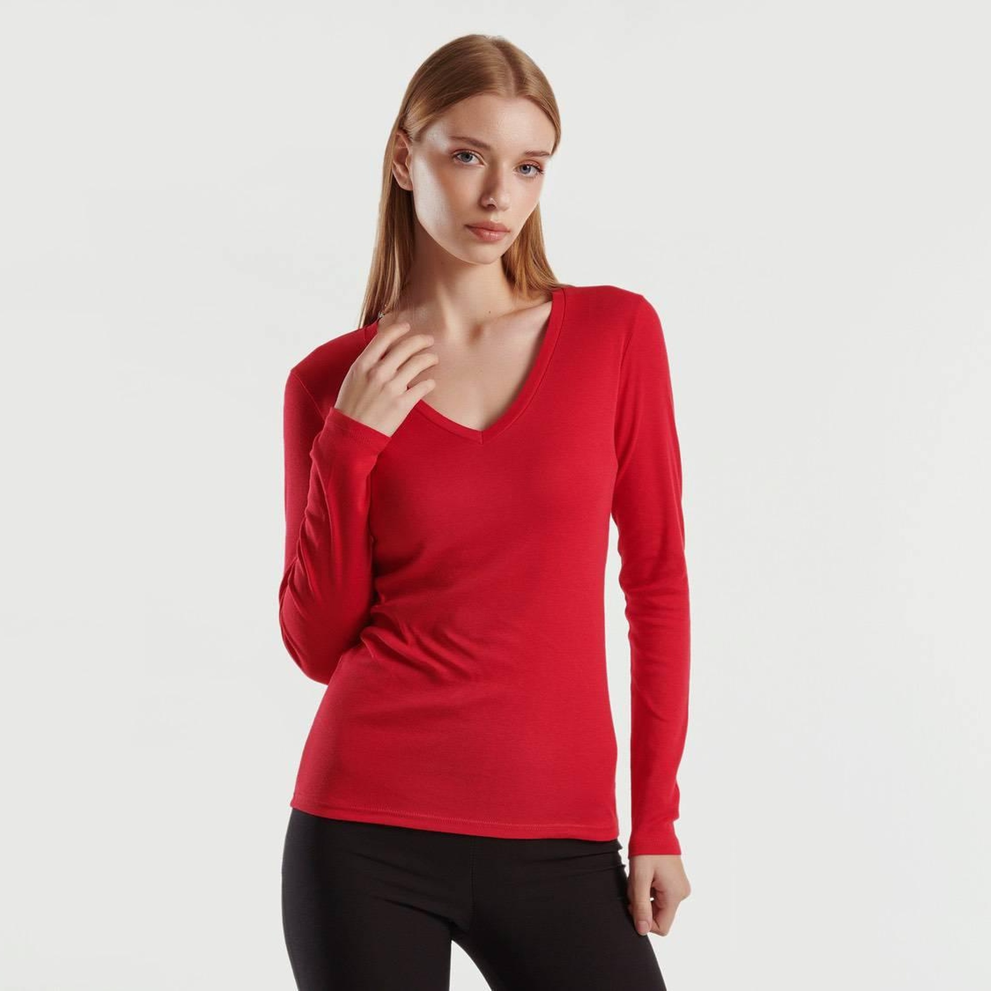 Kadın Kırmızı Basic V Yaka Uzun Kollu T-Shirt