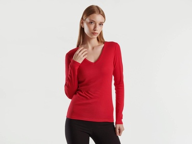  Kadın Kırmızı Basic V Yaka Uzun Kollu T-Shirt