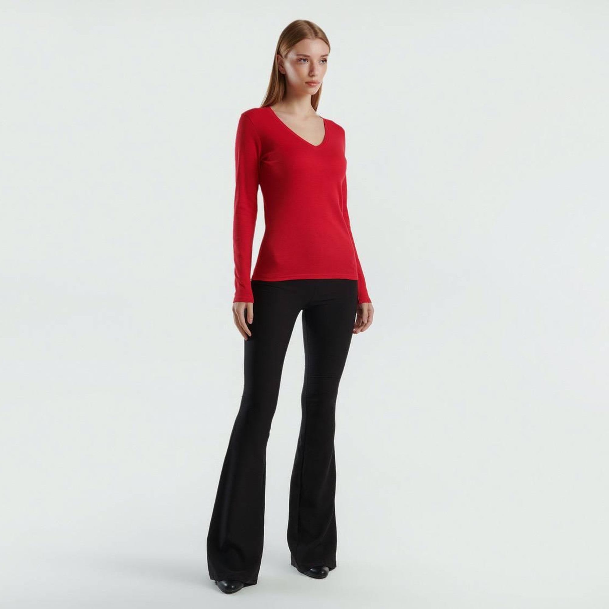 Kadın Kırmızı Basic V Yaka Uzun Kollu T-Shirt