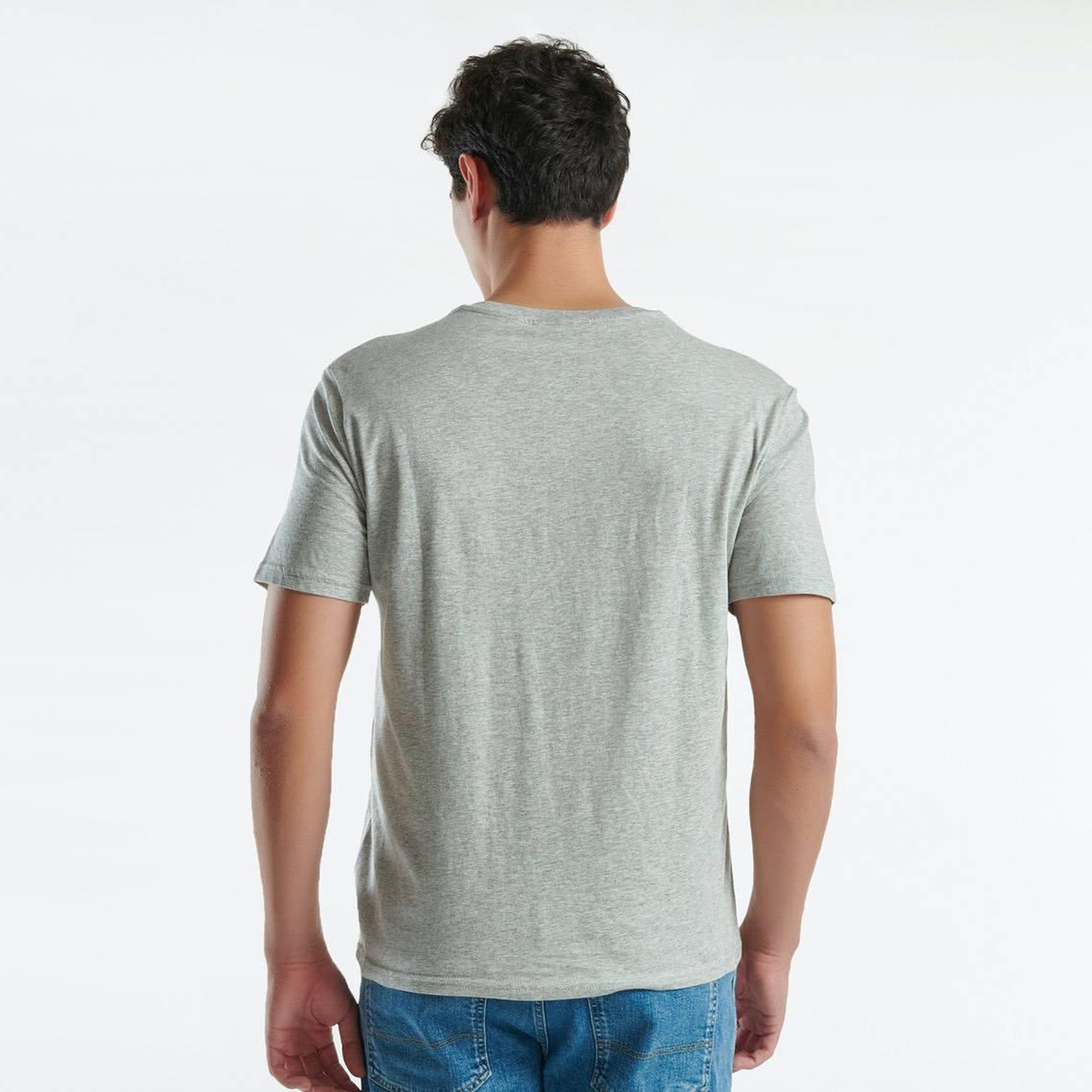 Erkek Gri Melanj %100 Pamuk Baskılı Kısa Kollu Yuvarlak Yaka T-Shirt