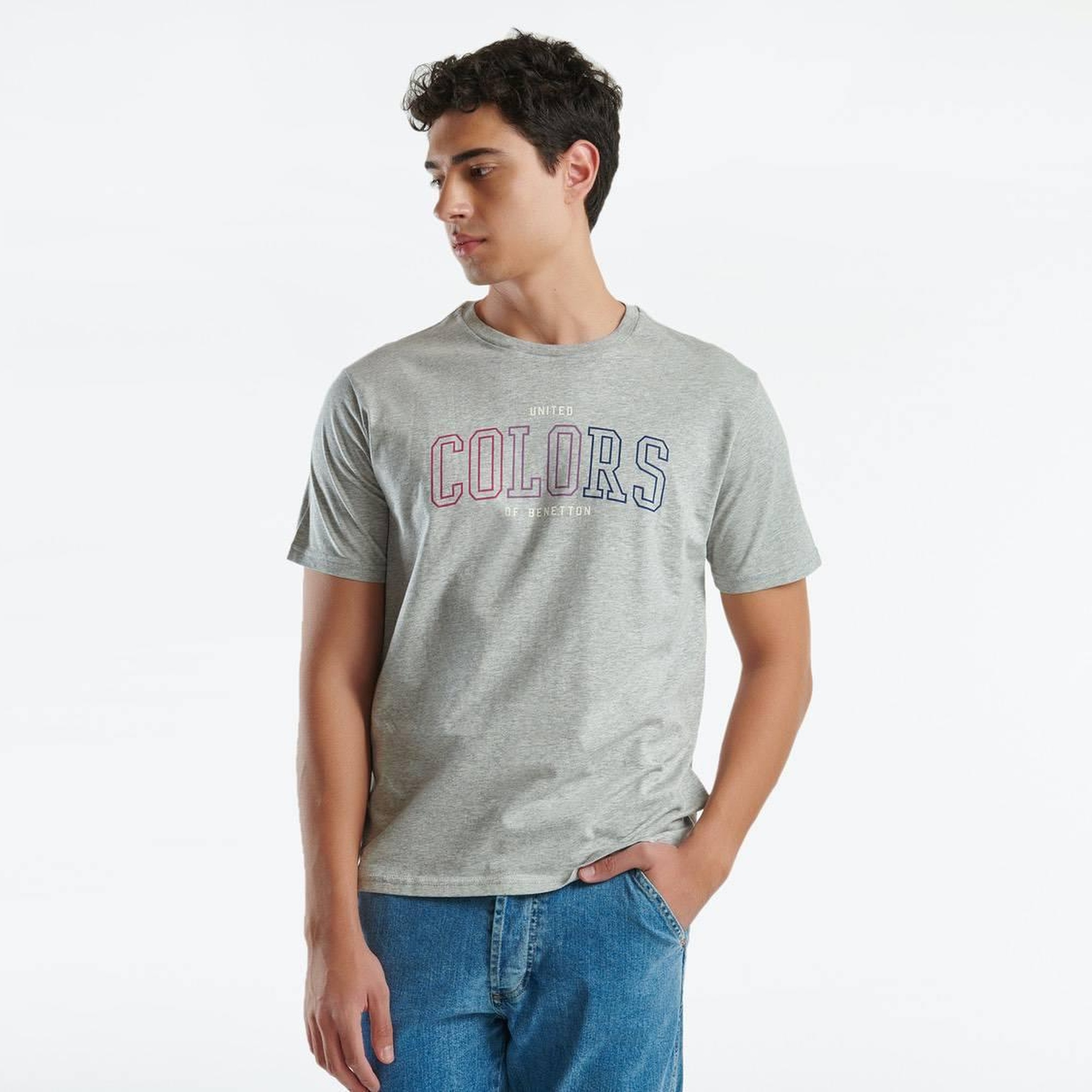 Erkek Gri Melanj %100 Pamuk Baskılı Kısa Kollu Yuvarlak Yaka T-Shirt