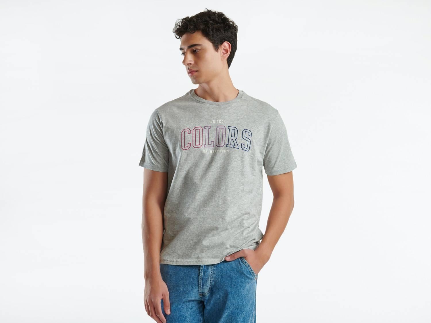  Erkek Gri Melanj %100 Pamuk Baskılı Kısa Kollu Yuvarlak Yaka T-Shirt