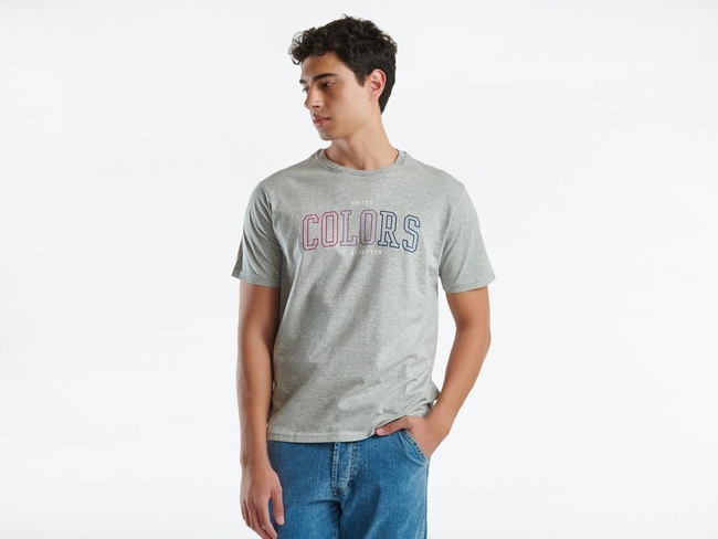  Erkek Gri Melanj %100 Pamuk Baskılı Kısa Kollu Yuvarlak Yaka T-Shirt