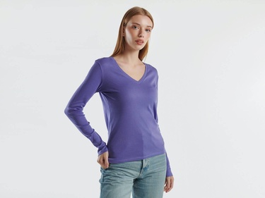  Kadın Mor Basic V Yaka Uzun Kollu T-Shirt
