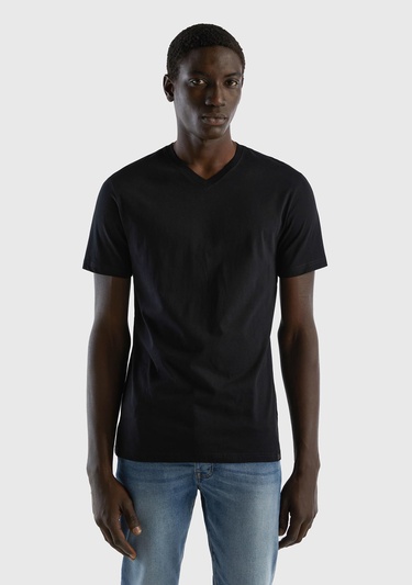  Erkek Siyah %100 Koton V Yaka Basic T-Shirt