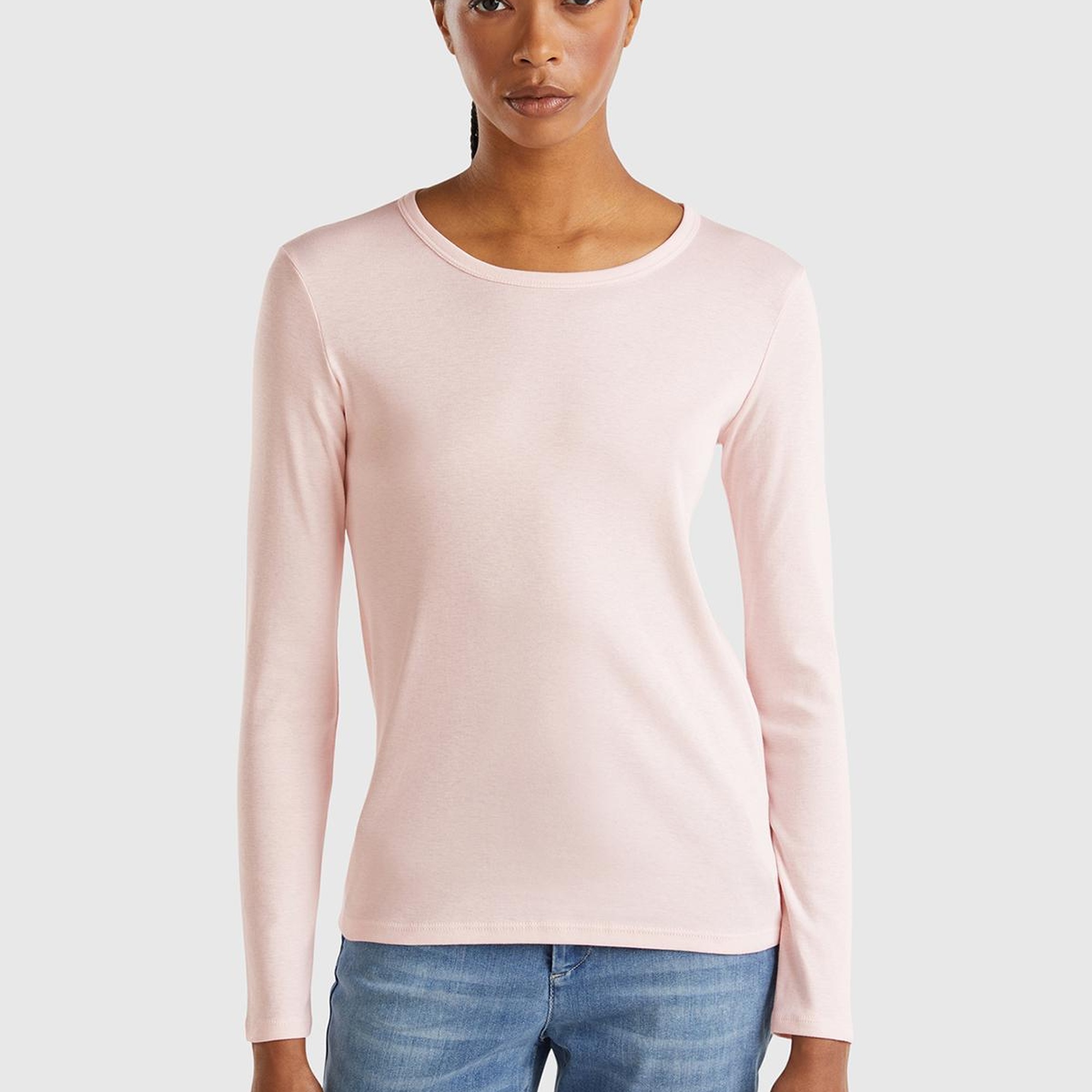 Kadın Toz Pembe Basic Bisiklet Yaka Uzun Kollu T-Shirt