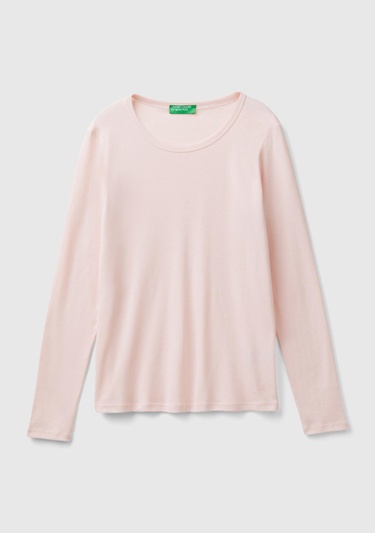  Kadın Toz Pembe Basic Bisiklet Yaka Uzun Kollu T-Shirt