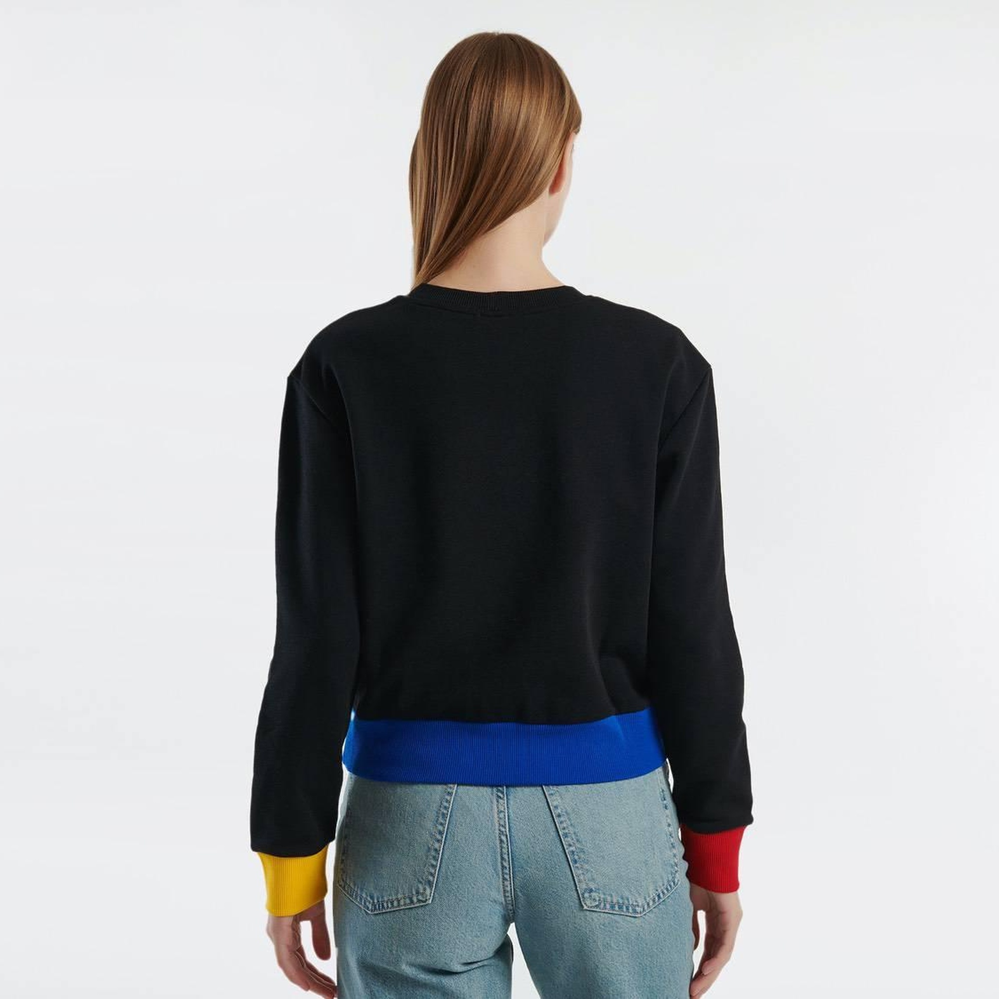 Kadın Siyah Renkli %100 Pamuk Önü Logo Baskılı Ribanalı Bisiklet Yaka Sweatshirt