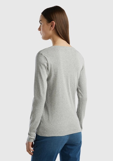  Kadın Gri Melanj Basic V Yaka Uzun Kollu T-Shirt