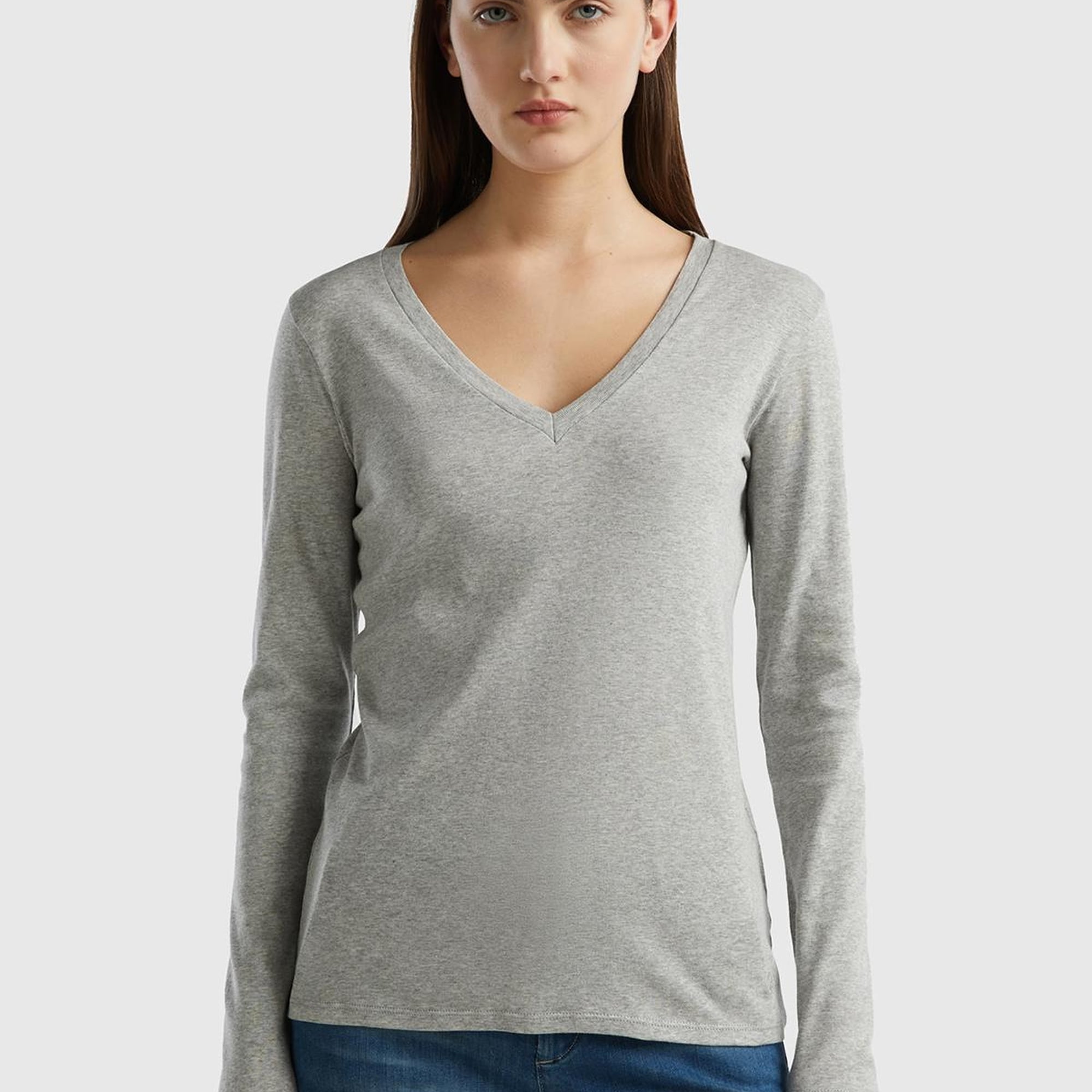 Kadın Gri Melanj Basic V Yaka Uzun Kollu T-Shirt