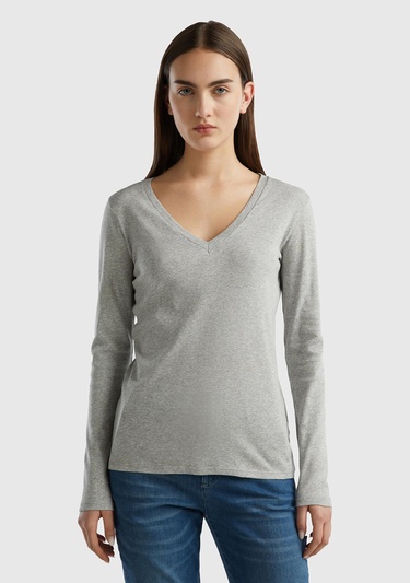  Kadın Gri Melanj Basic V Yaka Uzun Kollu T-Shirt