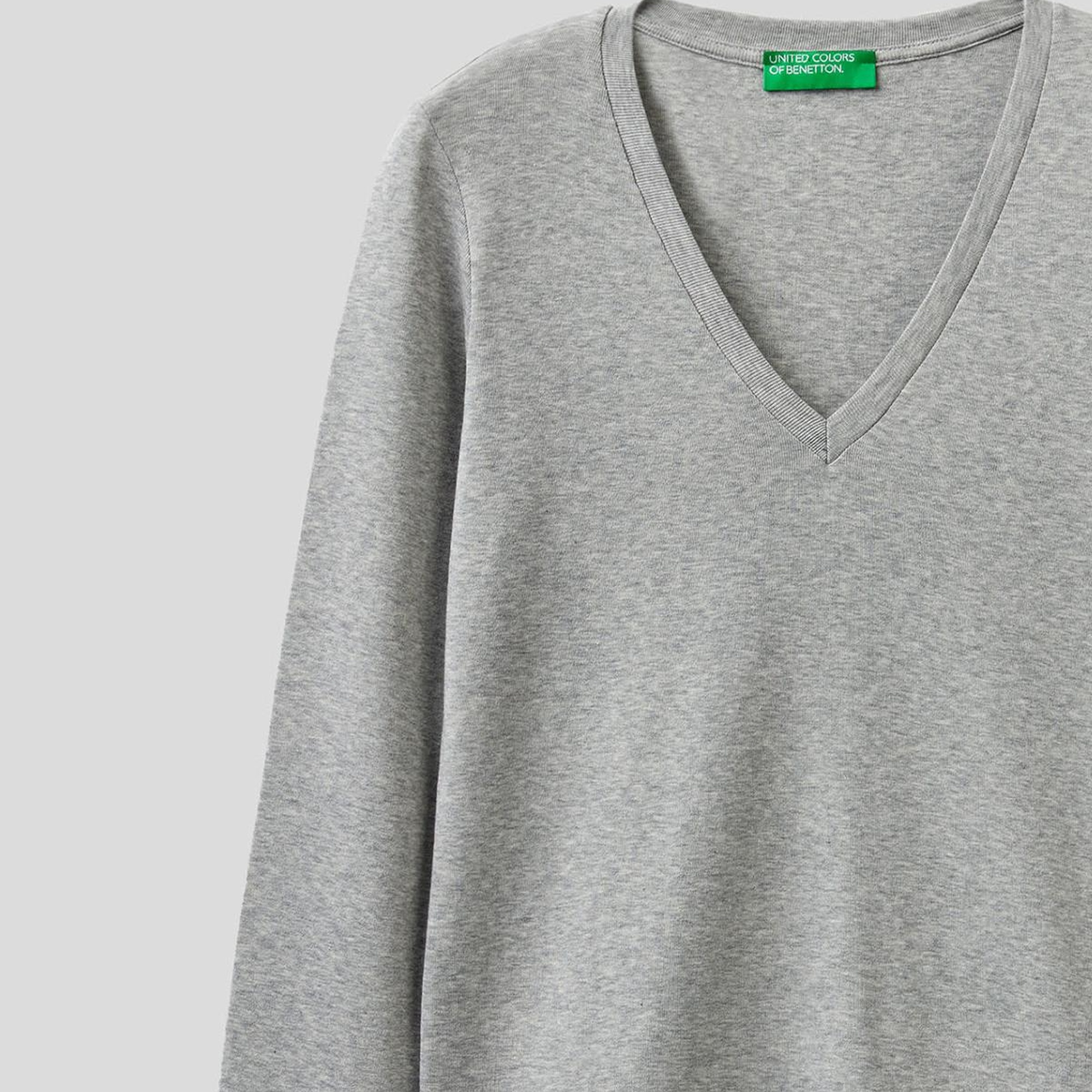 Kadın Gri Melanj Basic V Yaka Uzun Kollu T-Shirt