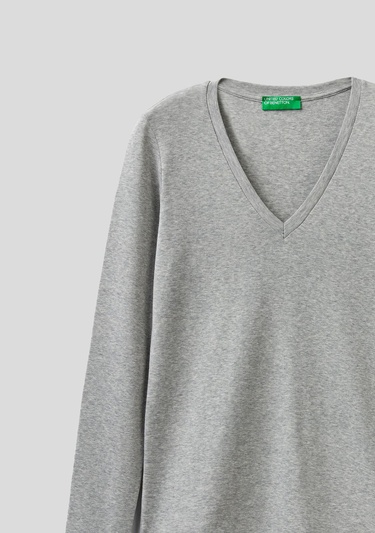  Kadın Gri Melanj Basic V Yaka Uzun Kollu T-Shirt