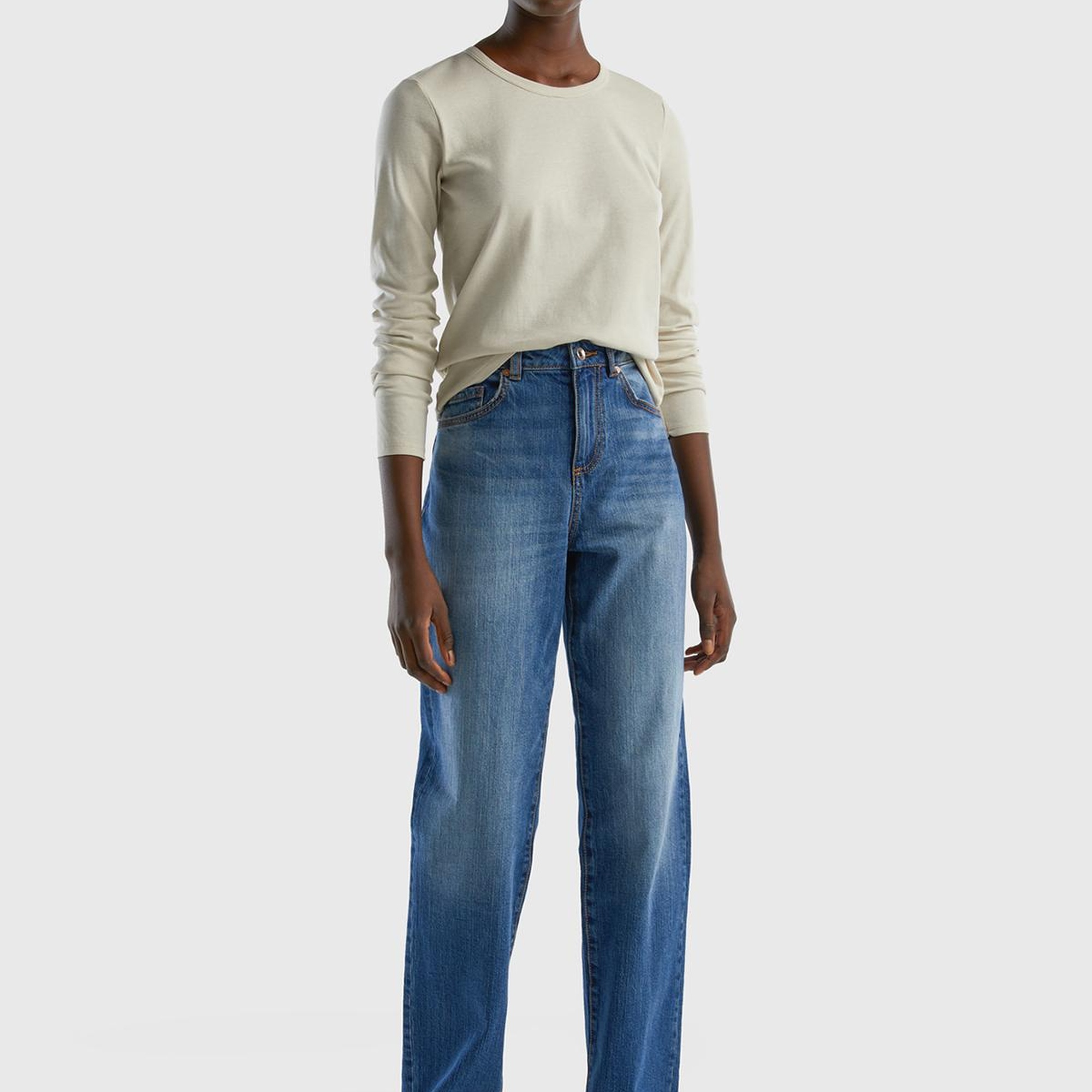 Kadın Bej Basic Bisiklet Yaka Uzun Kollu T-Shirt