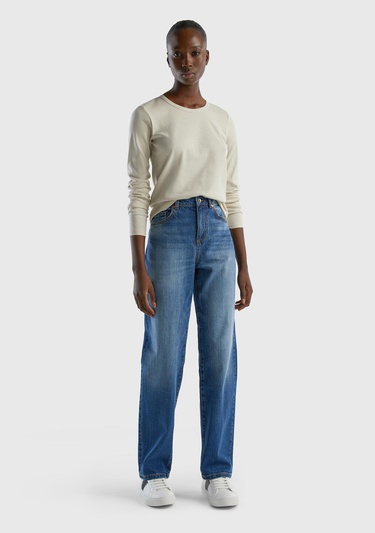  Kadın Bej Basic Bisiklet Yaka Uzun Kollu T-Shirt