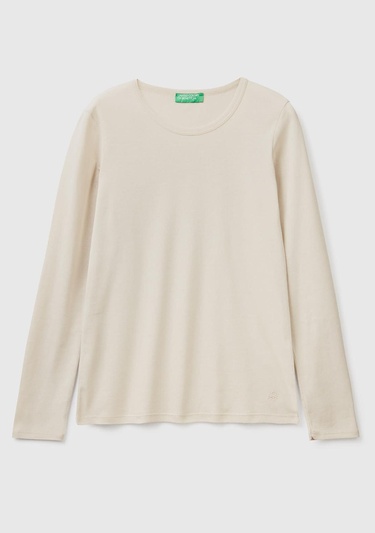  Kadın Bej Basic Bisiklet Yaka Uzun Kollu T-Shirt