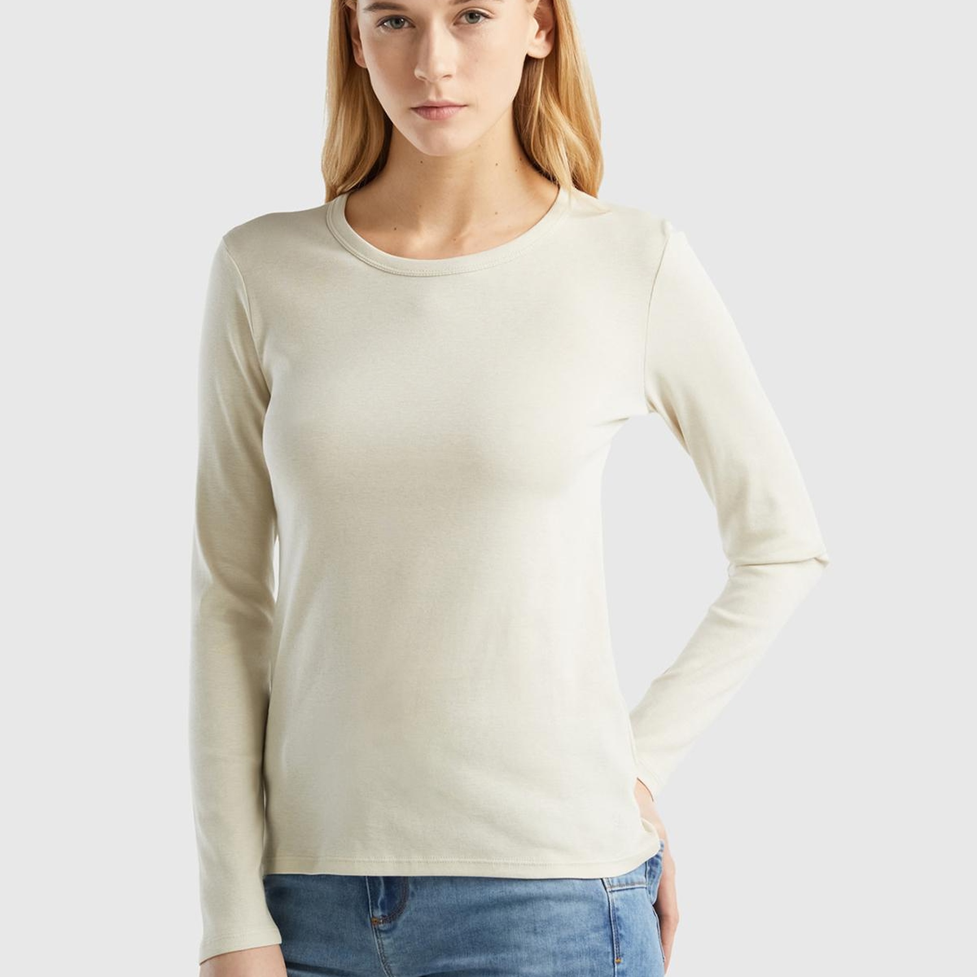 Kadın Bej Basic Bisiklet Yaka Uzun Kollu T-Shirt