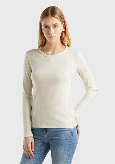  Kadın Bej Basic Bisiklet Yaka Uzun Kollu T-Shirt