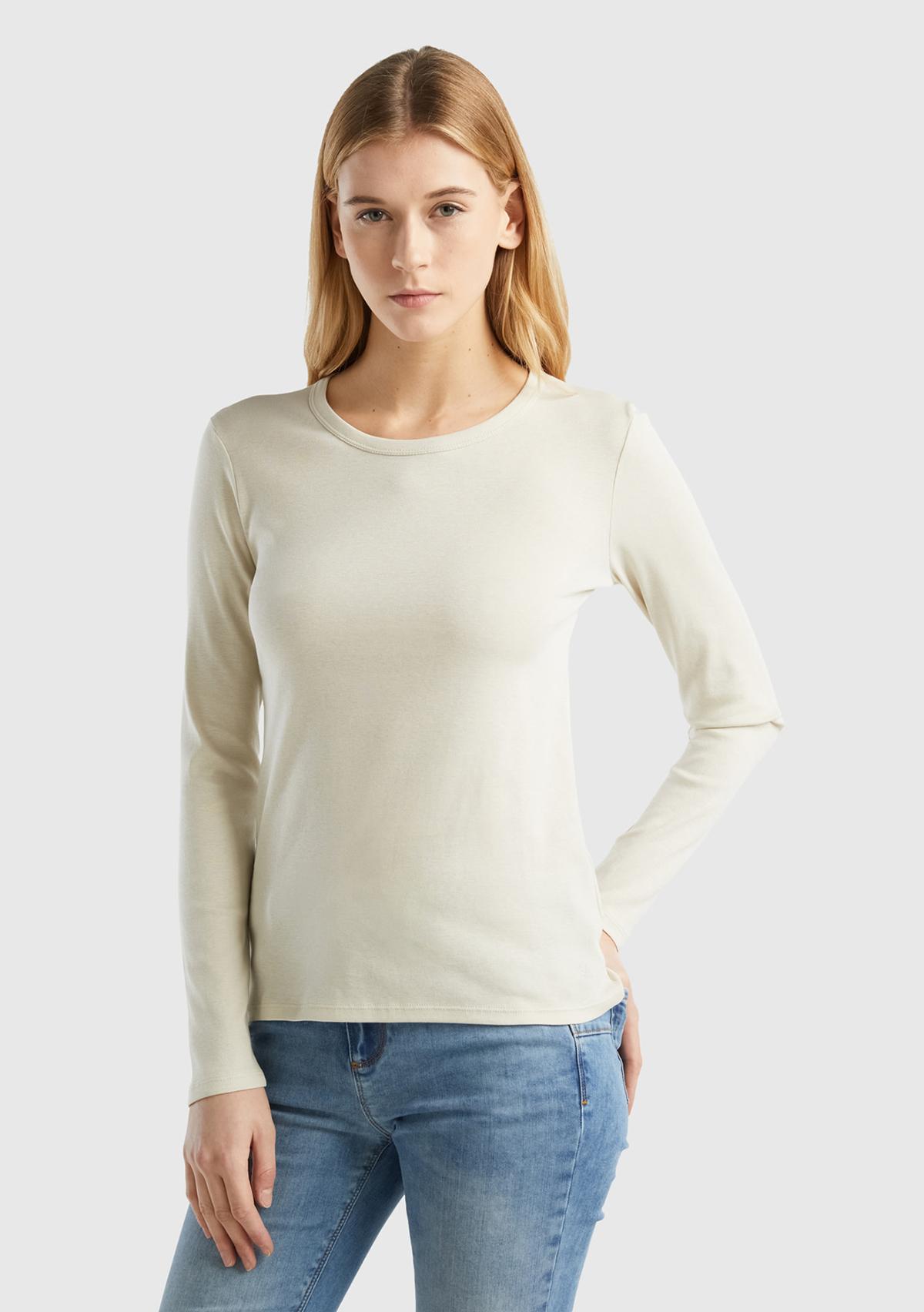  Kadın Bej Basic Bisiklet Yaka Uzun Kollu T-Shirt