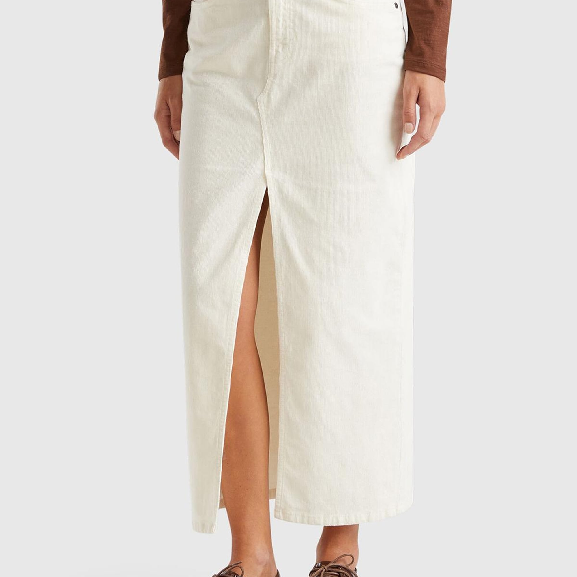 Kadın Beyaz Pamuk Karışımlı Önü Yırtmaçlı Arkası Logo Etiketli Etek