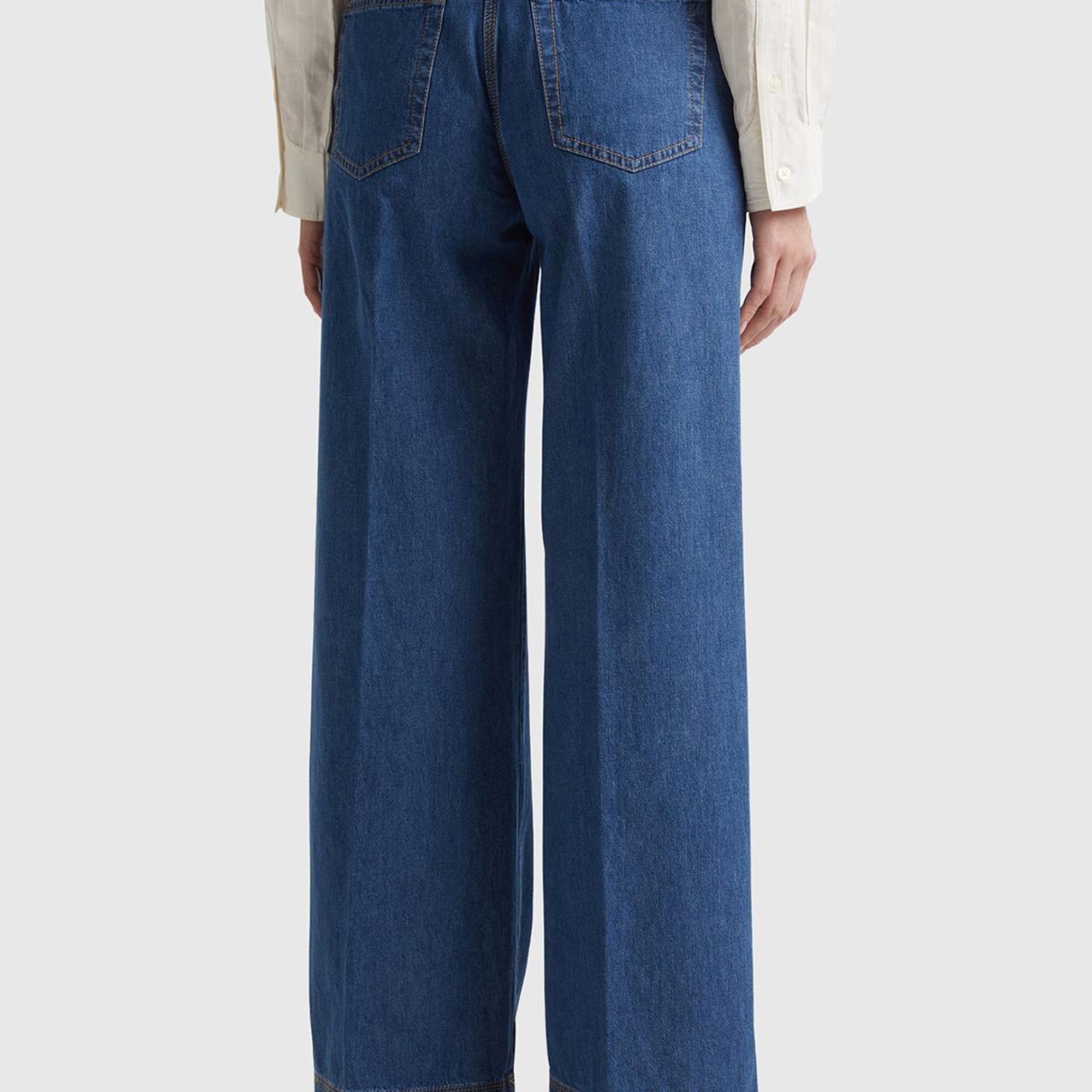 Kadın İndigo Bol Paça Denim Chino Pantolon