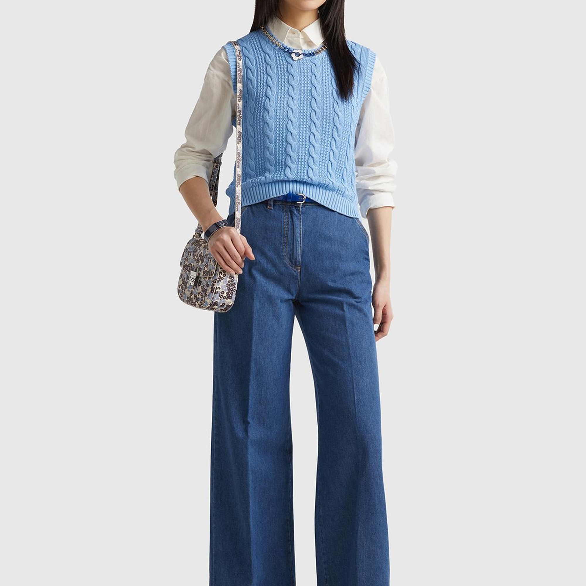 Kadın İndigo Bol Paça Denim Chino Pantolon