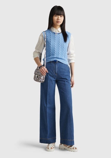  Kadın İndigo Bol Paça Denim Chino Pantolon