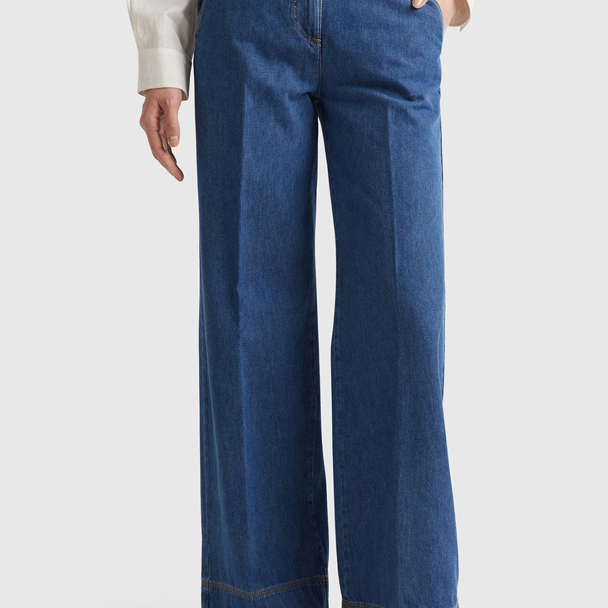 Kadın İndigo Bol Paça Denim Chino Pantolon