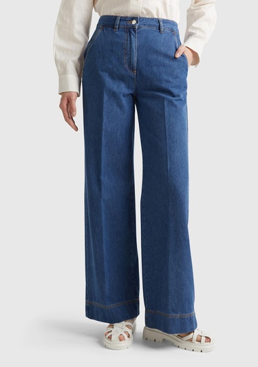  Kadın İndigo Bol Paça Denim Chino Pantolon