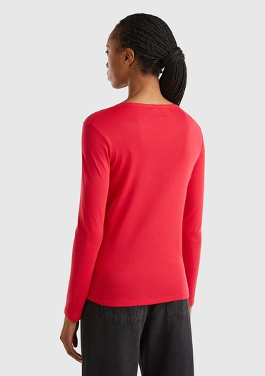  Kadın Kırmızı Basic Bisiklet Yaka Uzun Kollu T-Shirt