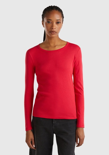  Kadın Kırmızı Basic Bisiklet Yaka Uzun Kollu T-Shirt