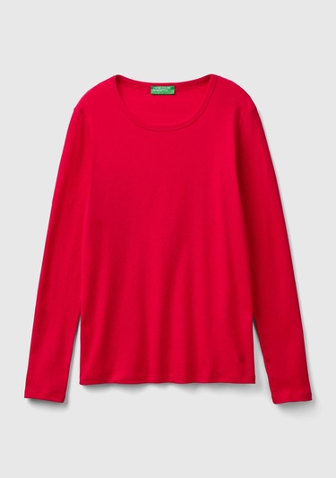  Kadın Kırmızı Basic Bisiklet Yaka Uzun Kollu T-Shirt